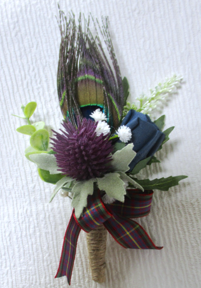 Wine thistle & peack feather scottish buttonhole